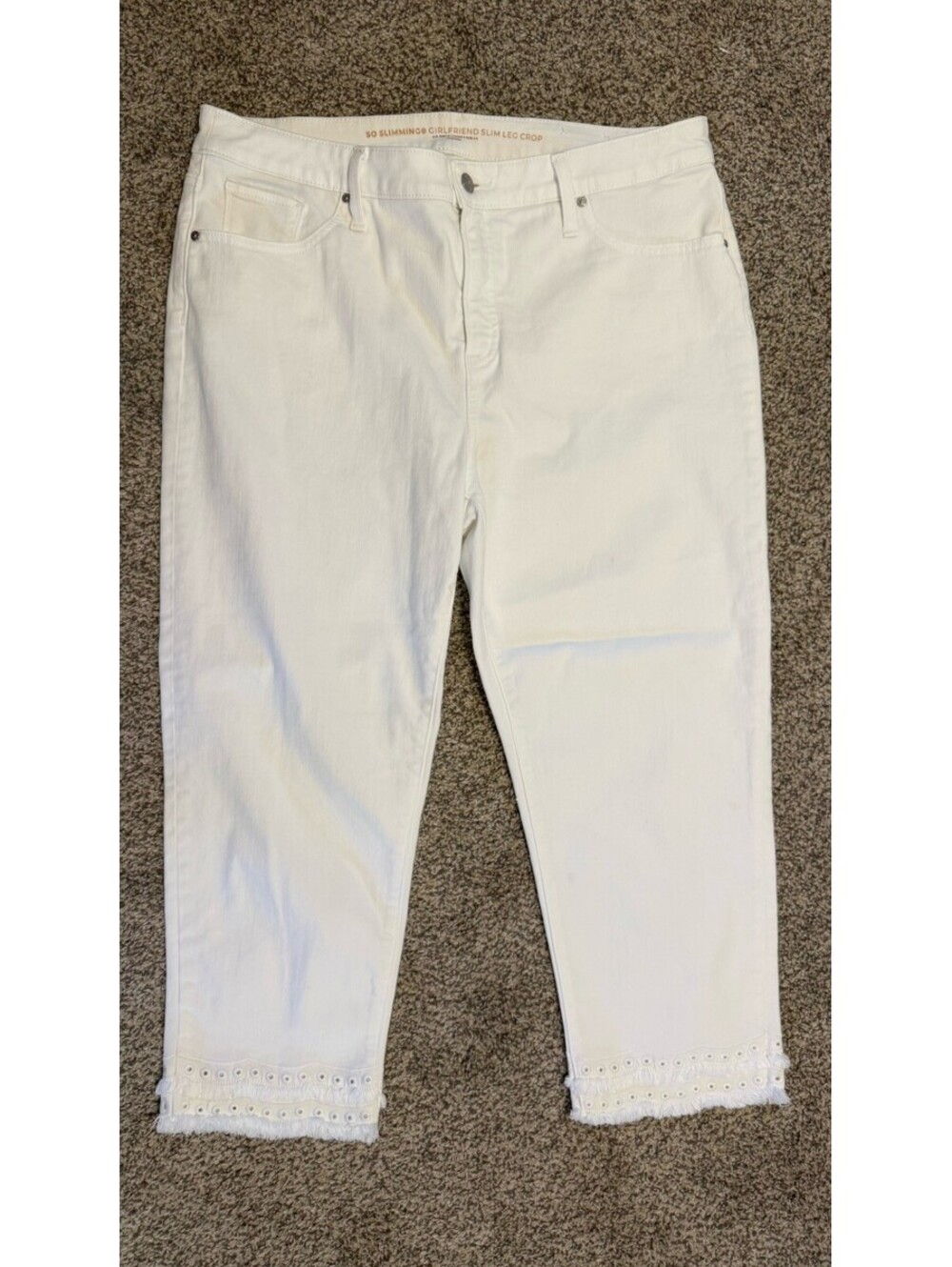 Chicos Girlfriend Slim Leg Crop Womens 14 White Denim Fringed Embroidered Hem